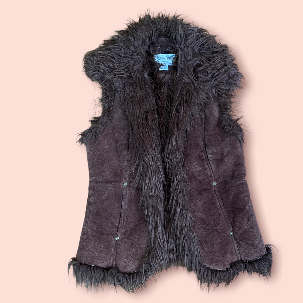 Y2K Fur Trimmed Brown Suede Leather Vest Size Small